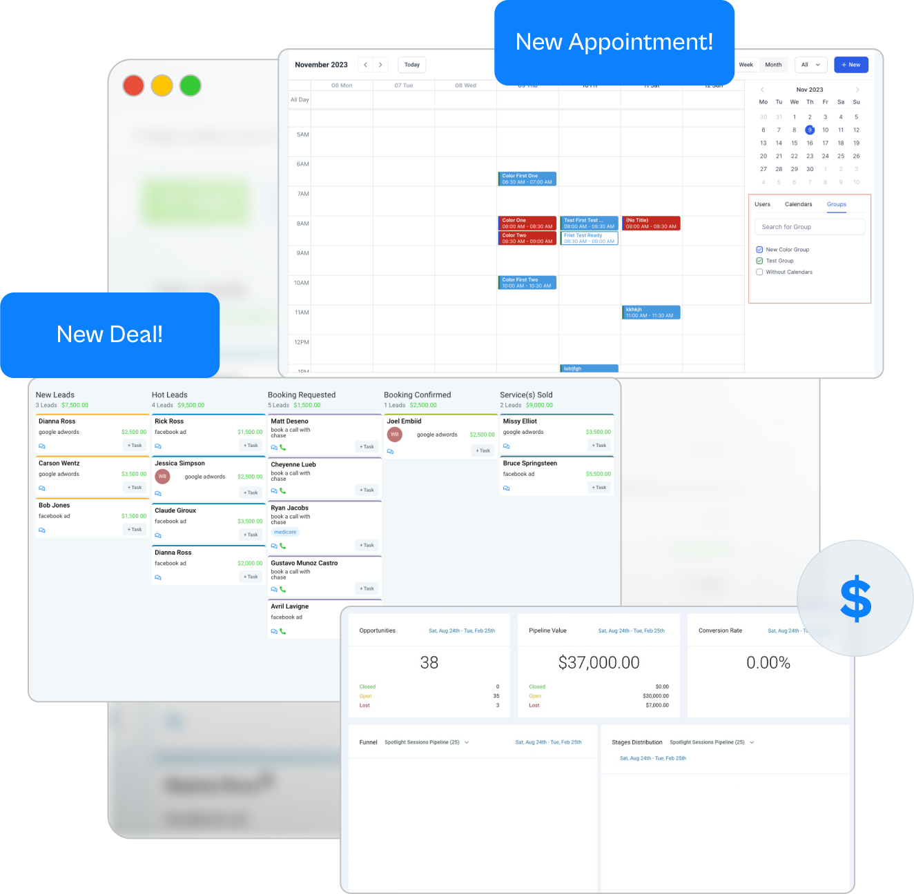 HighLevel calendars, opportunities, pipeline, and reporting interfaces