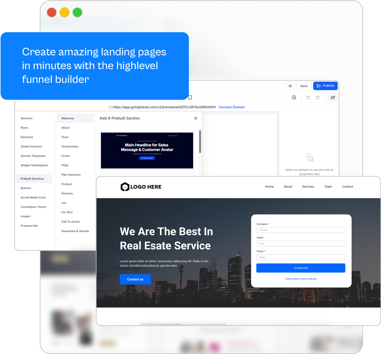 HighLevel website and landing page builder interface