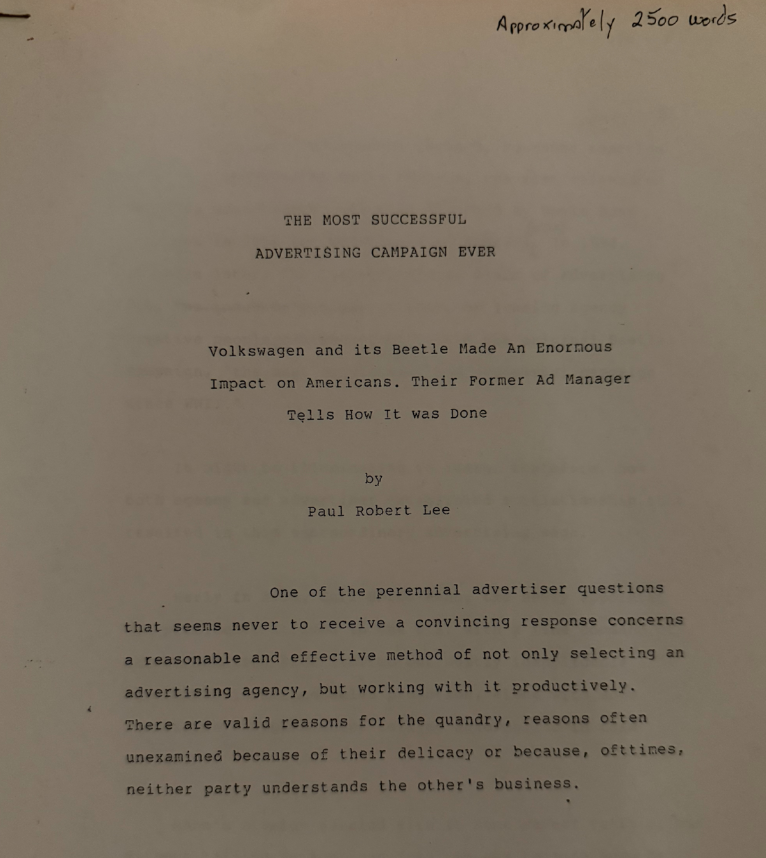 Paul Robert Lee's manuscript about advertising the original Volkswagen Beetle